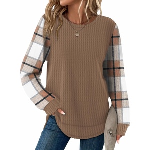 image:imageWIHOLL Womens Waffle Knit Tunic Tops Fall Long Sleeve Shirts Curved HemZdbrown Checkered