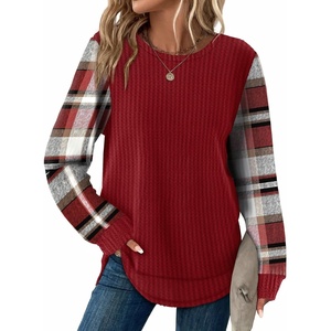 image:imageWIHOLL Womens Waffle Knit Tunic Tops Fall Long Sleeve Shirts Curved HemZdred Checkered
