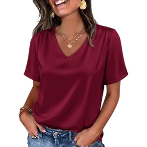 image:imageWIHOLL Work Blouses for Women Dressy Casual Summer Tops V Neck Short Sleeve ShirtsBurgundy