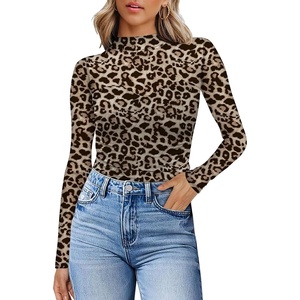 image:imageWomens Sexy Mesh Long Sleeve Shirts Fashion Clothing Turtle Necks Sheer Ruched Going Out Tops Fall Outfits Slim Fit BlousesBrown Leopard