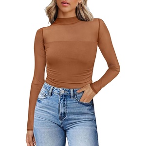 image:imageWomens Sexy Mesh Long Sleeve Shirts Fashion Clothing Turtle Necks Sheer Ruched Going Out Tops Fall Outfits Slim Fit BlousesCaramel