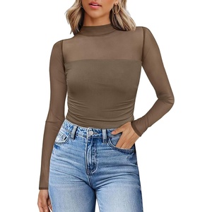 image:imageWomens Sexy Mesh Long Sleeve Shirts Fashion Clothing Turtle Necks Sheer Ruched Going Out Tops Fall Outfits Slim Fit BlousesFbrown