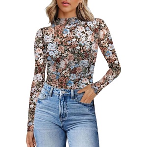 image:imageWomens Sexy Mesh Long Sleeve Shirts Fashion Clothing Turtle Necks Sheer Ruched Going Out Tops Fall Outfits Slim Fit BlousesFlower Print