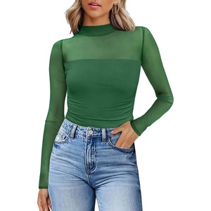 image:imageWomens Sexy Mesh Long Sleeve Shirts Fashion Clothing Turtle Necks Sheer Ruched Going Out Tops Fall Outfits Slim Fit BlousesGreen