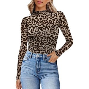 image:imageWomens Sexy Mesh Long Sleeve Shirts Fashion Clothing Turtle Necks Sheer Ruched Going Out Tops Fall Outfits Slim Fit BlousesLeopard Print