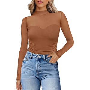 image:imageWomens Sexy Mesh Long Sleeve Shirts Fashion Clothing Turtle Necks Sheer Ruched Going Out Tops Fall Outfits Slim Fit BlousesPbrown