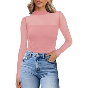 image:imageWomens Sexy Mesh Long Sleeve Shirts Fashion Clothing Turtle Necks Sheer Ruched Going Out Tops Fall Outfits Slim Fit BlousesPink
