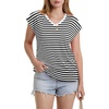 image:imageWIHOLL Womens V Neck Ruched Cap Sleeve T ShirtBlack Stripe