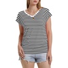 image:imageWIHOLL Womens V Neck Ruched Cap Sleeve T ShirtBlack Stripe