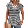 image:imageWIHOLL Womens V Neck Ruched Cap Sleeve T ShirtBlack Stripe
