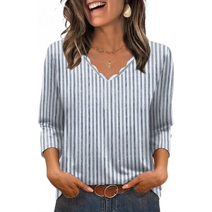 image:imageWIHOLL 34 Length Sleeve Womens Tops Dressy Casual Blouses V Neck Shirts Summer Clothes Early Fall Fashion OutfitsBlue Stripes