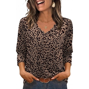 image:imageWIHOLL 34 Length Sleeve Womens Tops Dressy Casual Blouses V Neck Shirts Summer Clothes Early Fall Fashion OutfitsLeopard Print