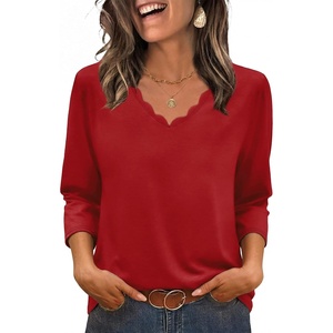 image:imageWIHOLL 34 Length Sleeve Womens Tops Dressy Casual Blouses V Neck Shirts Summer Clothes Early Fall Fashion OutfitsRed