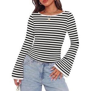 image:imageWIHOLL Black White Striped Bell Sleeve Shirts Going Out Fall Cute Tops L
