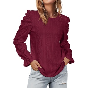 image:imageWIHOLL Puff Sleeve Tops for Women Crewneck Eyelet Tunic Shirts Fall Clothes