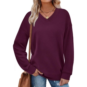 image:imageWIHOLL Sweatshirt for Women V Neck Sweaters Long Sleeve Shirts Fall Clothes Ribbed Collar 2025 Trendy FashionFuchsia