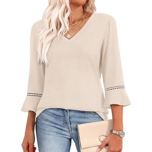 image:imageWIHOLL Womens Blouses Dressy Casual 34 Length Sleeve Tops Lace Trendy 2026 Spring Summer V Neck Shirts Vacation OutfitsBeige