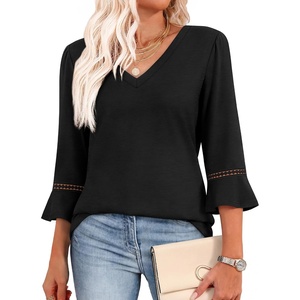 image:imageWIHOLL Womens Blouses Dressy Casual 34 Length Sleeve Tops Lace Trendy 2026 Spring Summer V Neck Shirts Vacation OutfitsBlack