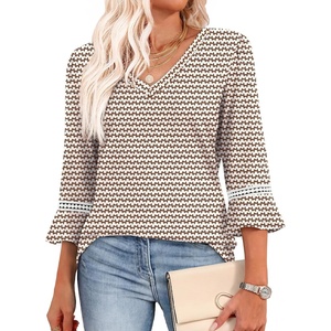 image:imageWIHOLL Womens Blouses Dressy Casual 34 Length Sleeve Tops Lace Trendy 2026 Spring Summer V Neck Shirts Vacation OutfitsPrint Brown