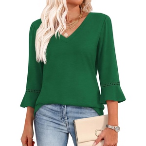 image:imageWIHOLL Womens Blouses Dressy Casual 34 Length Sleeve Tops Lace Trendy 2026 Spring Summer V Neck Shirts Vacation OutfitsPure Green