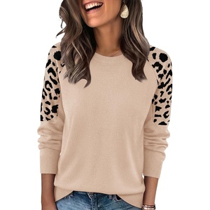 image:imageWIHOLL Womens Fall Sweaters Contrast Raglan Sleeve Tops Fashion ClothingApricotleopard