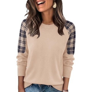 image:imageWIHOLL Womens Fall Sweaters Contrast Raglan Sleeve Tops Fashion ClothingApricotplaid