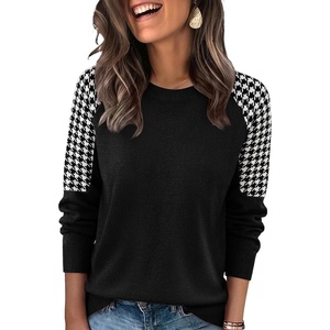 image:imageWIHOLL Womens Fall Sweaters Contrast Raglan Sleeve Tops Fashion ClothingBlackhoundstooth