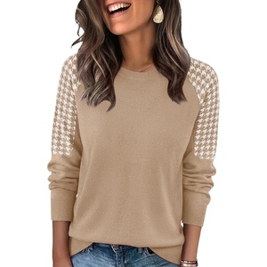 image:imageWIHOLL Womens Fall Sweaters Contrast Raglan Sleeve Tops Fashion ClothingKhakihoundstooth