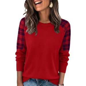 image:imageWIHOLL Womens Fall Sweaters Contrast Raglan Sleeve Tops Fashion ClothingRedplaid