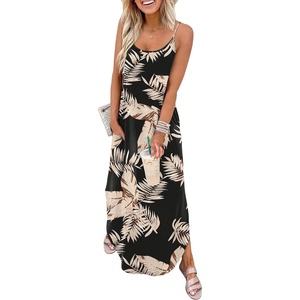 image:imageWIHOLL Womens Maxi Dresses for Women Casual Long Summer Sun Dresses 2026 Spaghetti Strap Hawaiian Vacation Outfits for WomenFloral Black Leaves