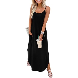 image:imageWIHOLL Womens Maxi Dresses for Women Casual Long Summer Sun Dresses 2026 Spaghetti Strap Hawaiian Vacation Outfits for WomenPlain Black