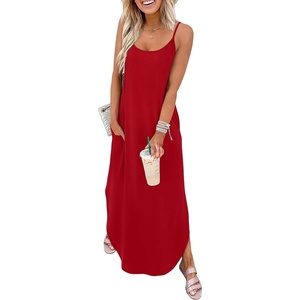 image:imageWIHOLL Womens Maxi Dresses for Women Casual Long Summer Sun Dresses 2026 Spaghetti Strap Hawaiian Vacation Outfits for WomenPlain Red