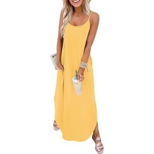 image:imageWIHOLL Womens Maxi Dresses for Women Casual Long Summer Sun Dresses 2026 Spaghetti Strap Hawaiian Vacation Outfits for WomenPlain Yellow