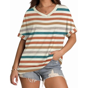 image:imageWIHOLL Womens Oversized Tshirts Summer Tops 2025 Short Sleeve V Neck Shirts Outfits Plus Size Clothes2orange Stripes
