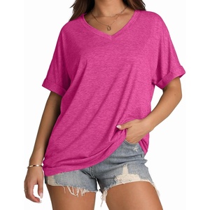 image:imageWIHOLL Womens Oversized Tshirts Summer Tops 2025 Short Sleeve V Neck Shirts Outfits Plus Size ClothesHot Pink