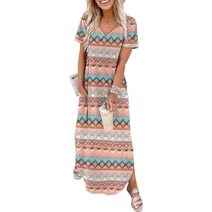 image:imageWIHOLL Womens Summer Short Sleeve Dresses Maxi Dress Vacation Beach Sundresses 2026 with PocketsFloral Boho Striped
