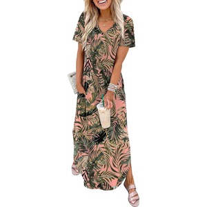 image:imageWIHOLL Womens Summer Short Sleeve Dresses Maxi Dress Vacation Beach Sundresses 2026 with PocketsFloral Pink Frond