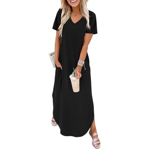 image:imageWIHOLL Womens Summer Short Sleeve Dresses Maxi Dress Vacation Beach Sundresses 2026 with PocketsPlain Black