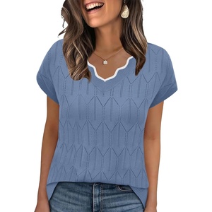 image:imageWIHOLL Womens Summer Tops Cap Sleeve Sweater V Neck Shirts Beach Vacation Clothes Business Casual Fashion ClothingBlue