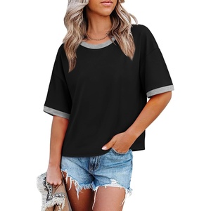 image:imageWIHOLL Womens T Shirts Loose Fit Short Half Sleeve Crew Neck Oversized Tshirts Color Block Summer Tops Fashion 2026Black