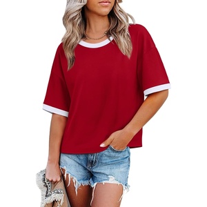 image:imageWIHOLL Womens T Shirts Loose Fit Short Half Sleeve Crew Neck Oversized Tshirts Color Block Summer Tops Fashion 2026Red