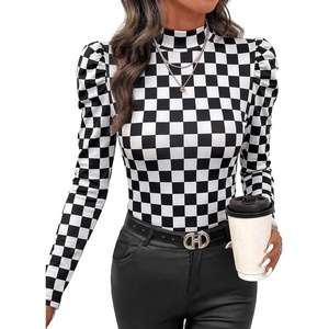 image:imageWIHOLL Long Sleeve Shirt for Women Puff Sleeve Knit Tops Casual 2026Black and White Check
