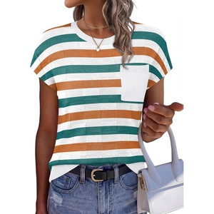 image:imageWIHOLL Womens Summer Tops Trendy Casual Cap Short Sleeve Sweater Beach Vacation Clothes Travel Outfits 2026 Casual Crew Neck T Shirts Soft Cute Spring Tops Tshirts Shirts for Women White Striped L