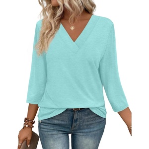 image:imageWIHOLL Womens Tops 34 Length Sleeve V Neck Casual Tunic Tops Basic Shirts Loose Fit BlouseB Lake Green