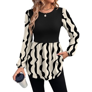 image:imageWIHOLL Womens Long Sleeve Tunic Tops Crew Neck Babydoll Peplum Blouses Fall Fashion 2026Black Apricot Abstract