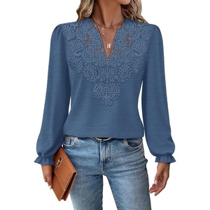 image:imageWIHOLL Womens Tops Lace Long Sleeve Tops for Women Boho V Neck Blouses01  Blue