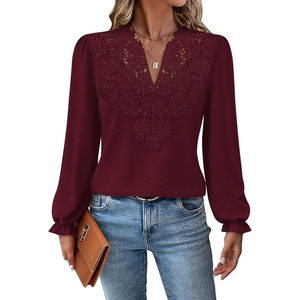 image:imageWIHOLL Womens Tops Lace Long Sleeve Tops for Women Boho V Neck Blouses01  Burgundy