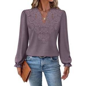 image:imageWIHOLL Womens Tops Lace Long Sleeve Tops for Women Boho V Neck Blouses01  Mocha Grey Purple