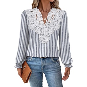 image:imageWIHOLL Womens Tops Lace Long Sleeve Tops for Women Boho V Neck Blouses02  Blue White Stripe