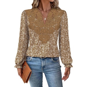 image:imageWIHOLL Womens Tops Lace Long Sleeve Tops for Women Boho V Neck Blouses02  Khaki Floral